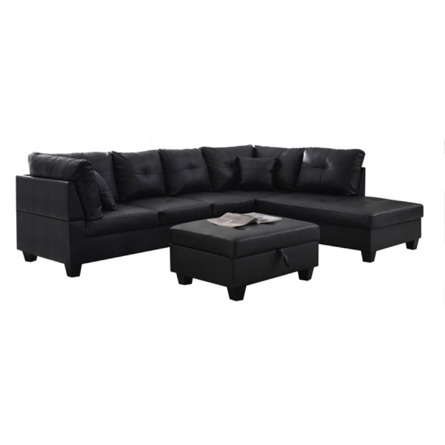 Spencer Sectional with Storage Ottoman in Black PU