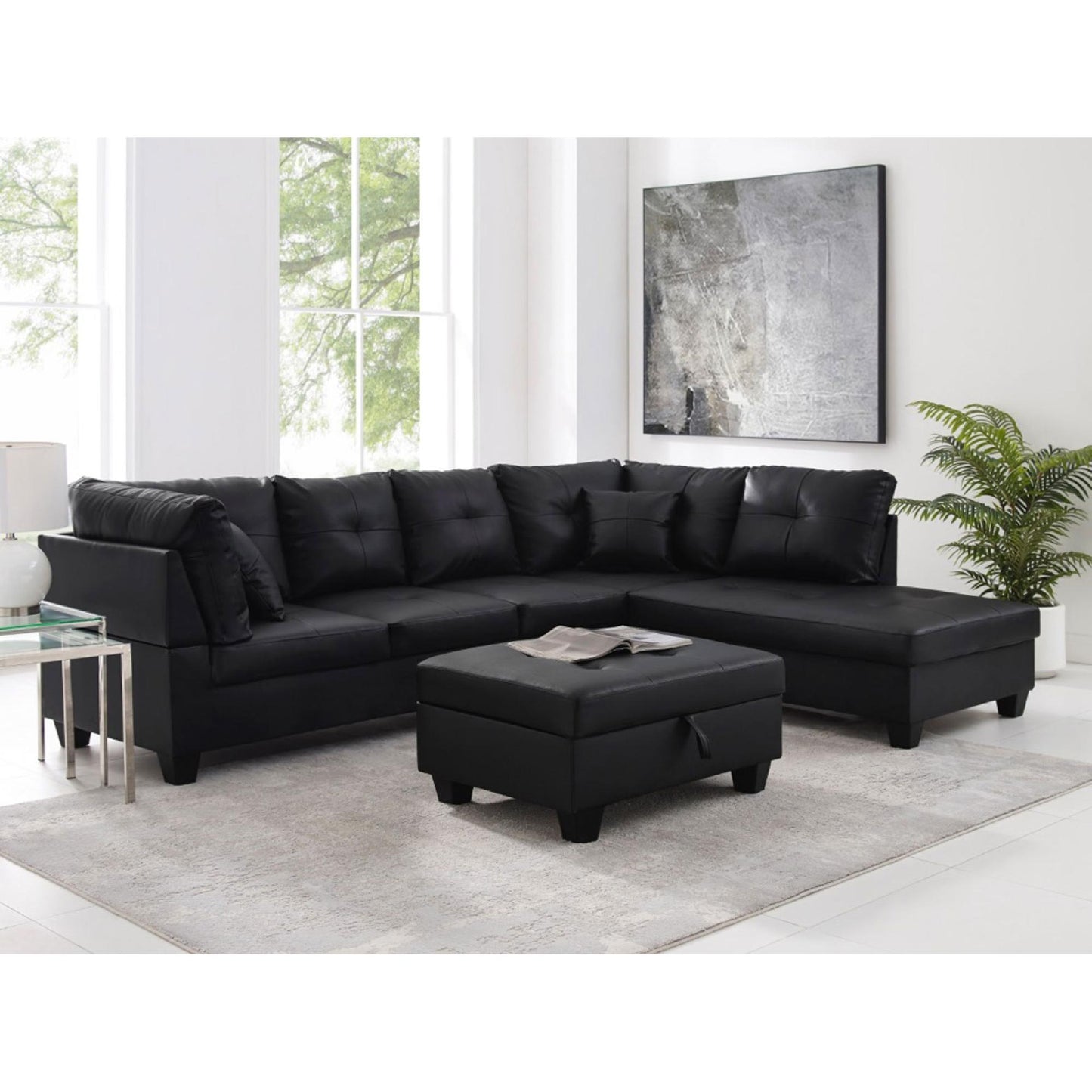 Spencer Sectional with Storage Ottoman in Black PU